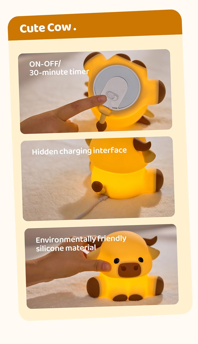 Cute Highland Cow Night Light, Squishy Highland Cow Novelty Animal Lamp, 3 Level Dimmable Nursery Nightlight with Timer, Food Grade Silicone Touch Night Light Fun Gifts for Kids Boys Girls Baby