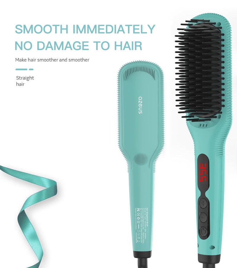 Azeus Ionic Hair Straightener Brush, Adjustable 30s Fast MCH Ceramic Heating Hair Straightening Brush with Anti Scald Feature, Frizz-Free Shine & Hair Repair (Turquoise Blue)