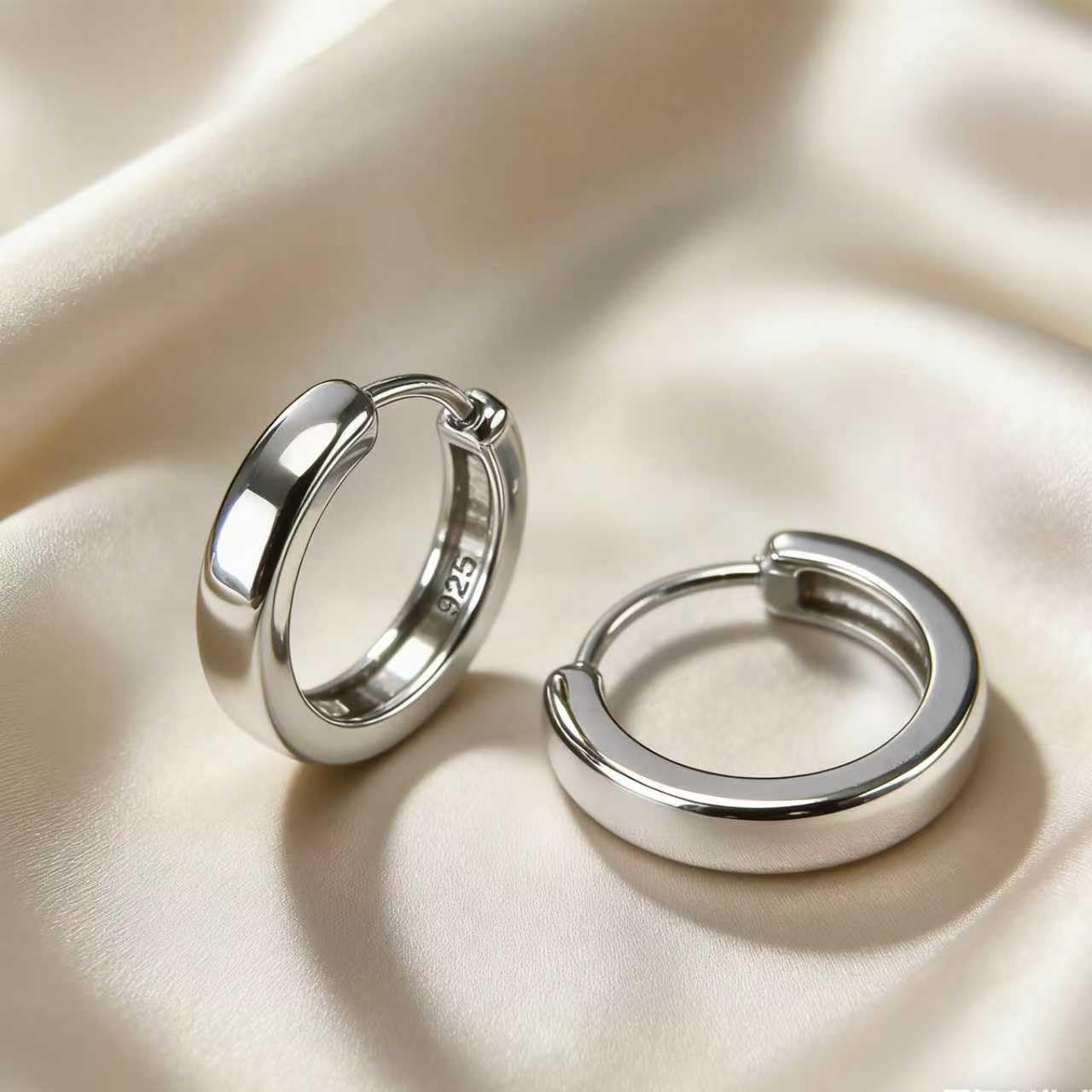 Italian Sterling Silver Earrings for Men Hoop Huggie Earring Polished, Jewelry for Alentine's Day, Father's Day, Thanksgiving Gifts, Birthday Presents (Large shiny hoop)