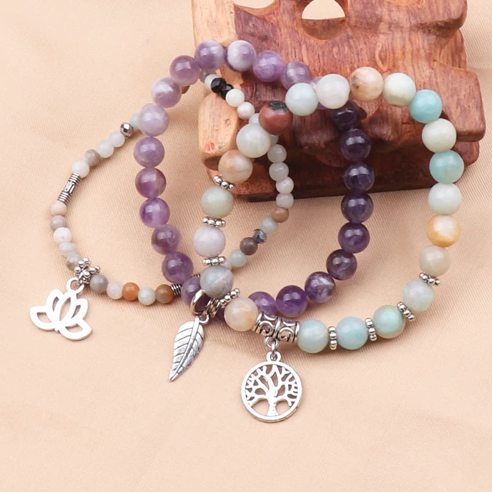 UEUC Tree of Life Yoga Healing Stone Bracelets, Multilayer Lotus Chakra Stone Reiki Bracelet Sets, Anxiety Crystal Natural Stone,for Women Stress Relief(#135)