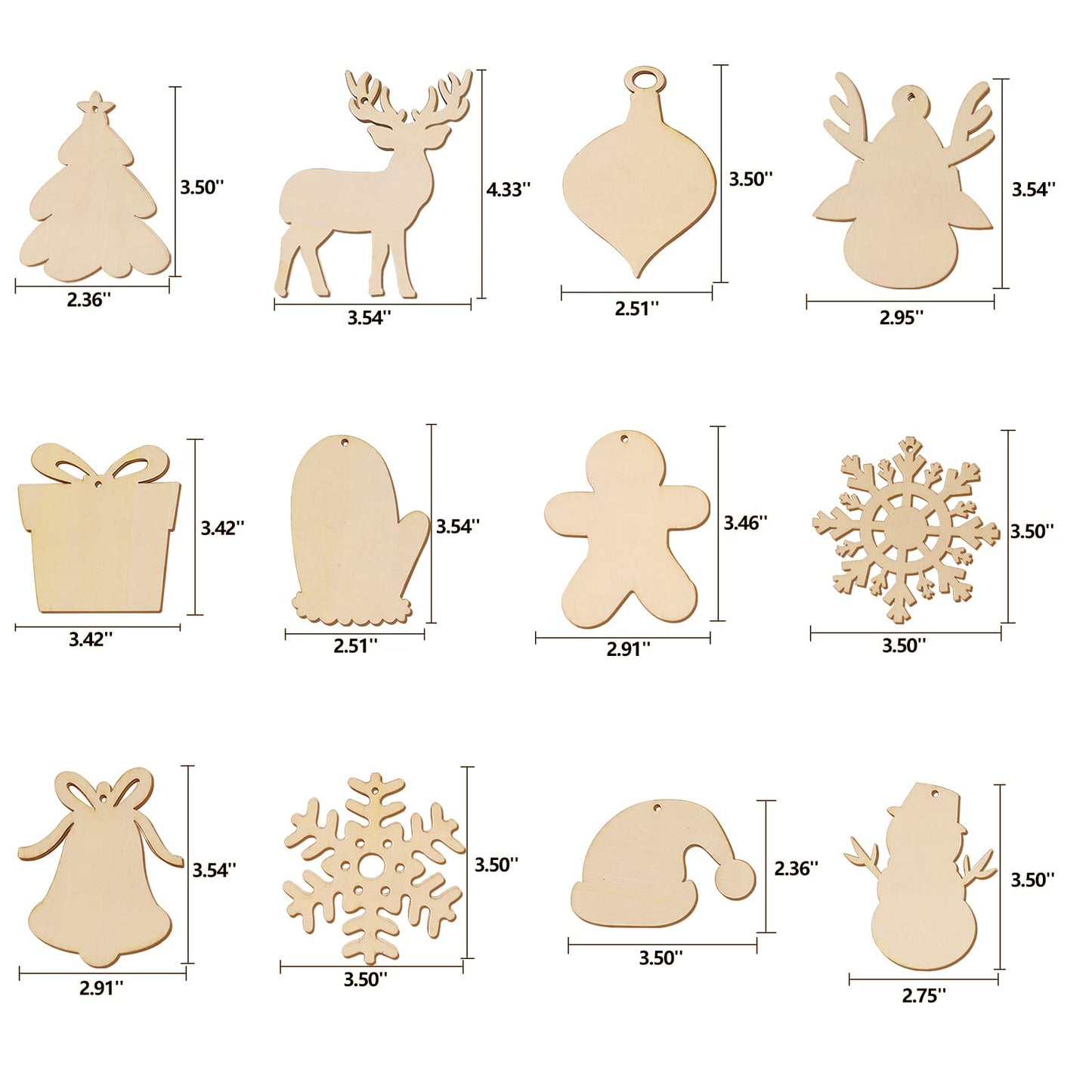 Max Fun 60Pcs Christmas Wooden Ornaments Unfinished Predrilled Wood Slices Circles for Crafts Xmas Holiday Hanging Decoration in 12 Shapes