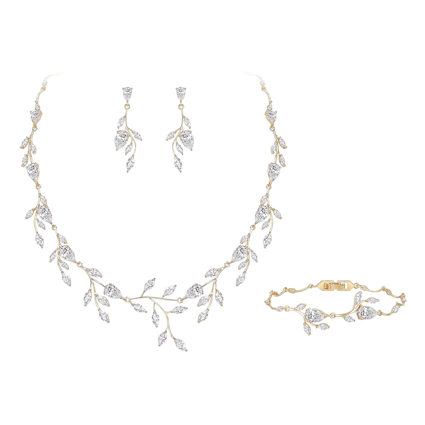 EVER FAITH Wedding Jewelry for Bride Women Bridesmaid, Sparkly Cubic Zirconia Pear-Shaped Birthstone Leaf Necklace Earrings Bracelet Set for Prom Clear Gold-Plated-Brass