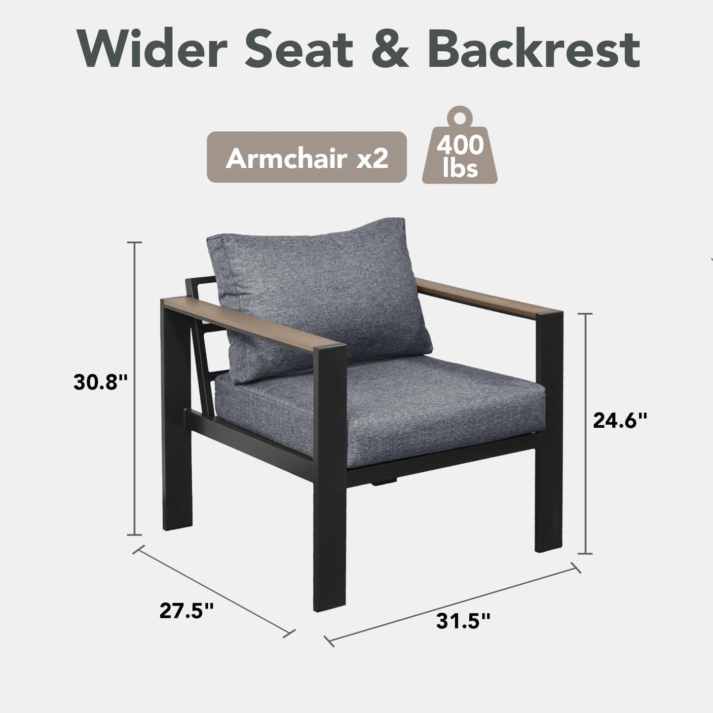 SAILARY Outdoor Patio Furniture Set 2 Pieces Armchair with Washable Thick Cushions, Luxury Aluminum Patio Furniture Chair Modern Outside Sectional Set for Porch, Balcony, Deck, Yard, Gray
