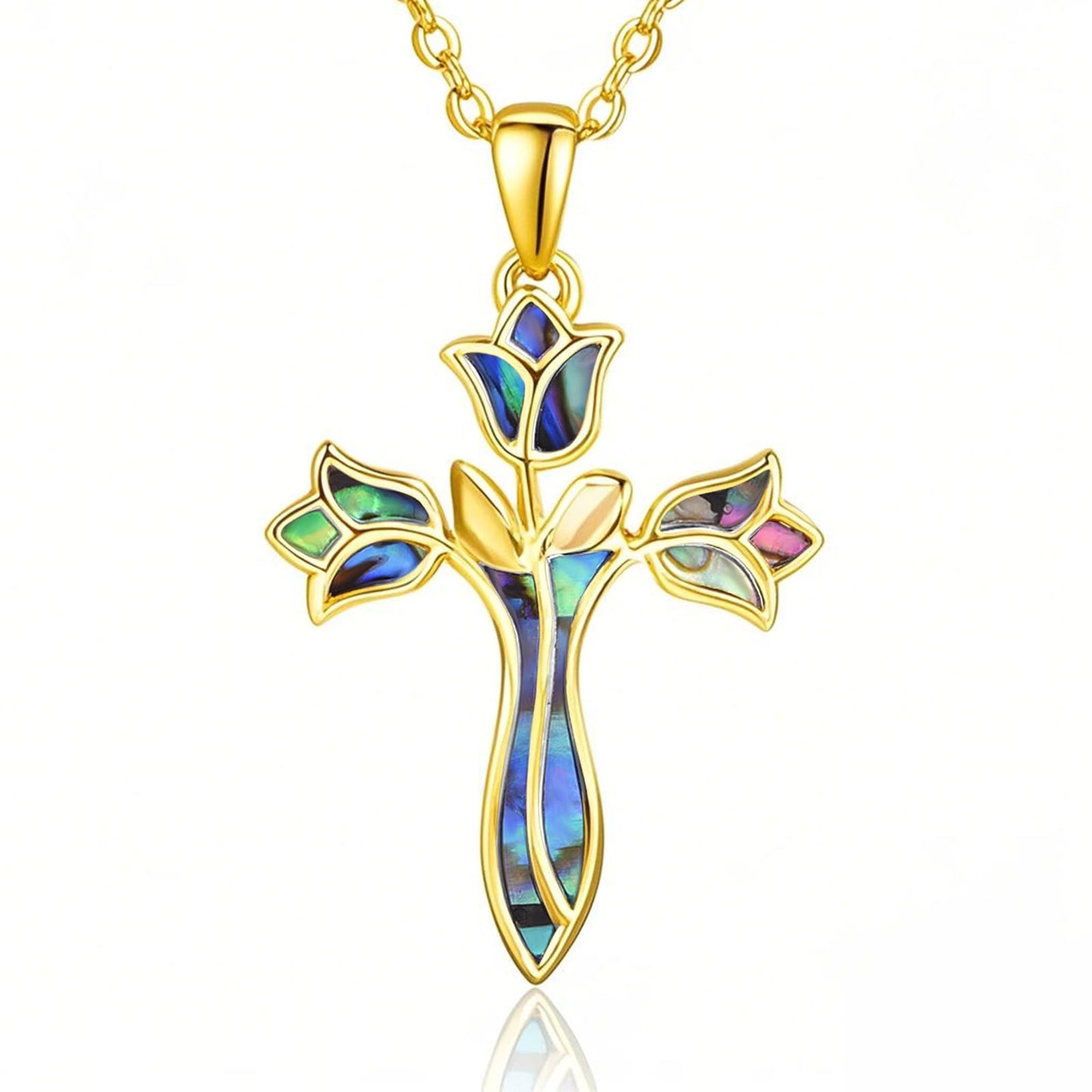 Dreamboat Cross Necklaces for Women Gold Plated Cross Pendant Sterling Silver Christian Necklace Tulip Rose Abalone Shell Faith Confirmation Gifts Religious Jewelry for Mom