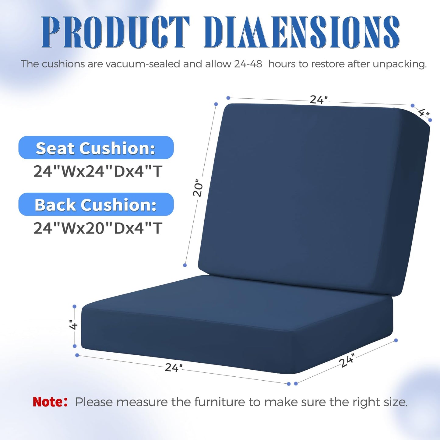 Iheqard Outdoor Deep Seat Cushion Set, 24 x 24 Inch Waterproof and Fade Resistant Patio Furniture Cushion Backrest with Ties for Patio Couch Sofa and Balcony (Blue, 24x24Inch)