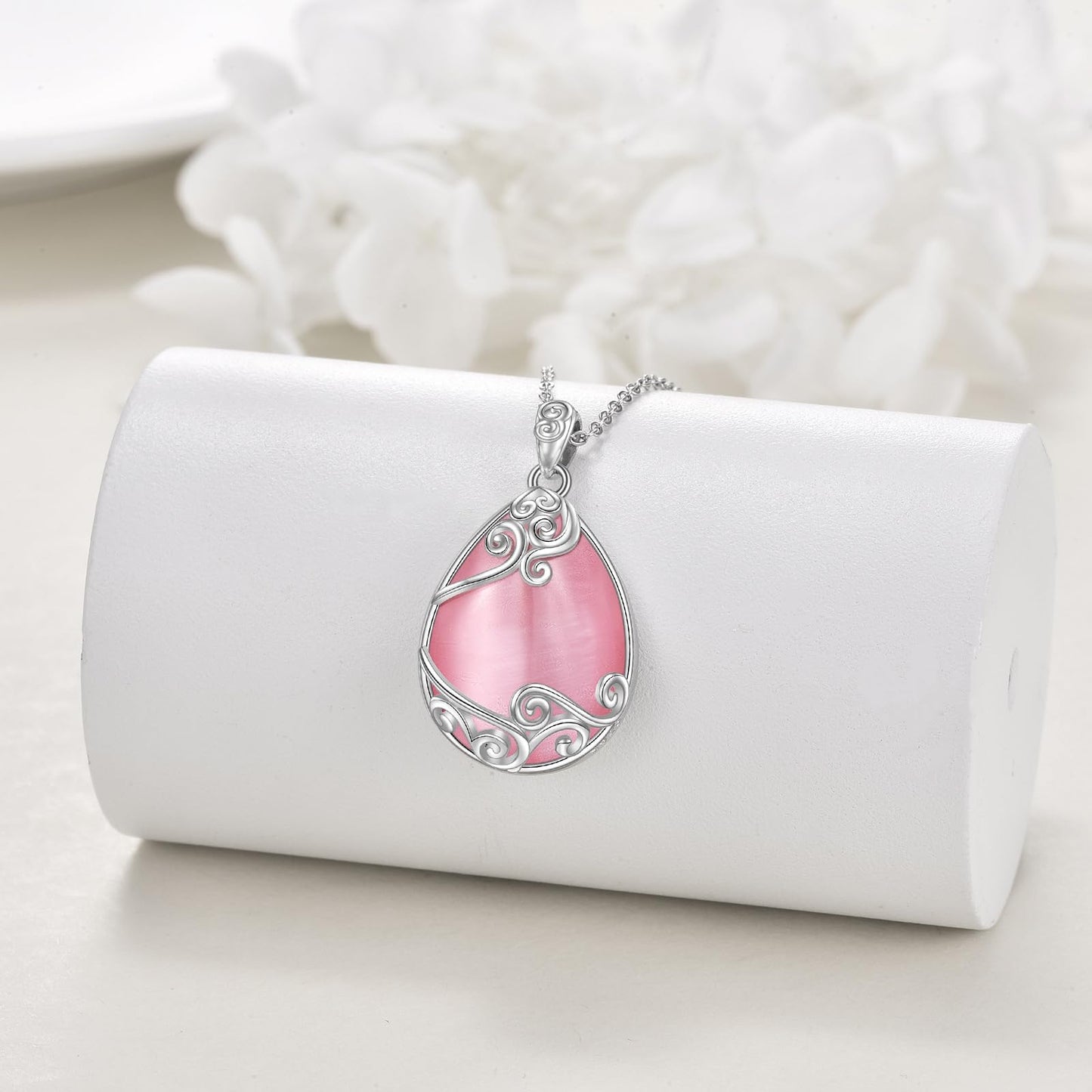 YAFEINI Teardrop Necklace 925 Sterling Silver Pink Natural Stone Necklace Filigree Pendant Necklace Jewelry for Women(T-Pink Opal teardrop necklace)