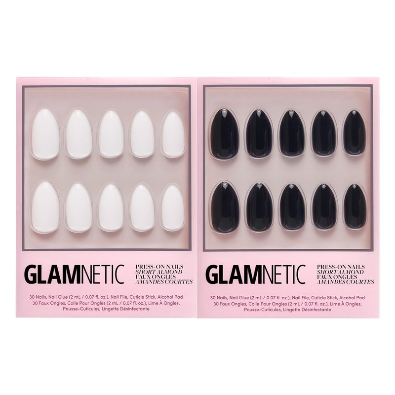 Glamnetic Press-On Nails Bundle - Angel & Boba | Opaque White Short Almond Nails | Opaque Black Short Almond Nails | Reusable Nail Kits