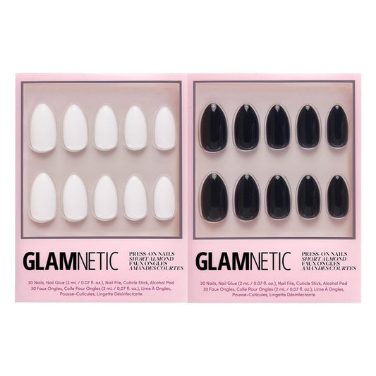 Glamnetic Press-On Nails Bundle - Angel & Boba | Opaque White Short Almond Nails | Opaque Black Short Almond Nails | Reusable Nail Kits