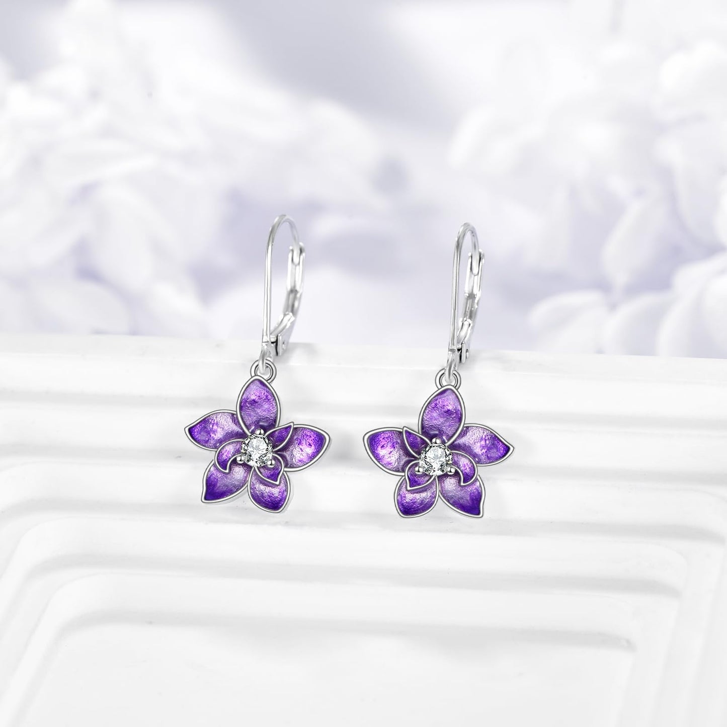 TIGER RIDER Purple Orchid 925 Sterling Silver Leverback Earrings with Birth Flower Earrings with White Zircon Jewelry Gift for Women Birthday Christmas