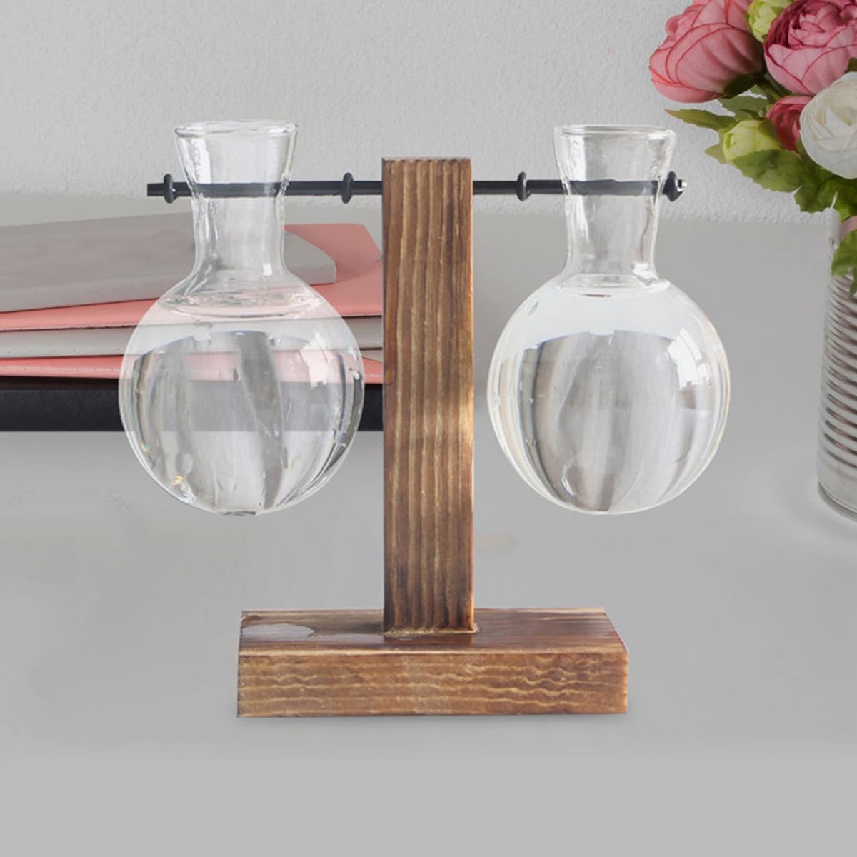 HIAKDOFT 3Pcs Glass Propagation Planter Vase with Wooden Stand, High Borosilicate Plant Terrarium Jars for Hydroponic Plant Propagation and Indoor Desktop Gardening