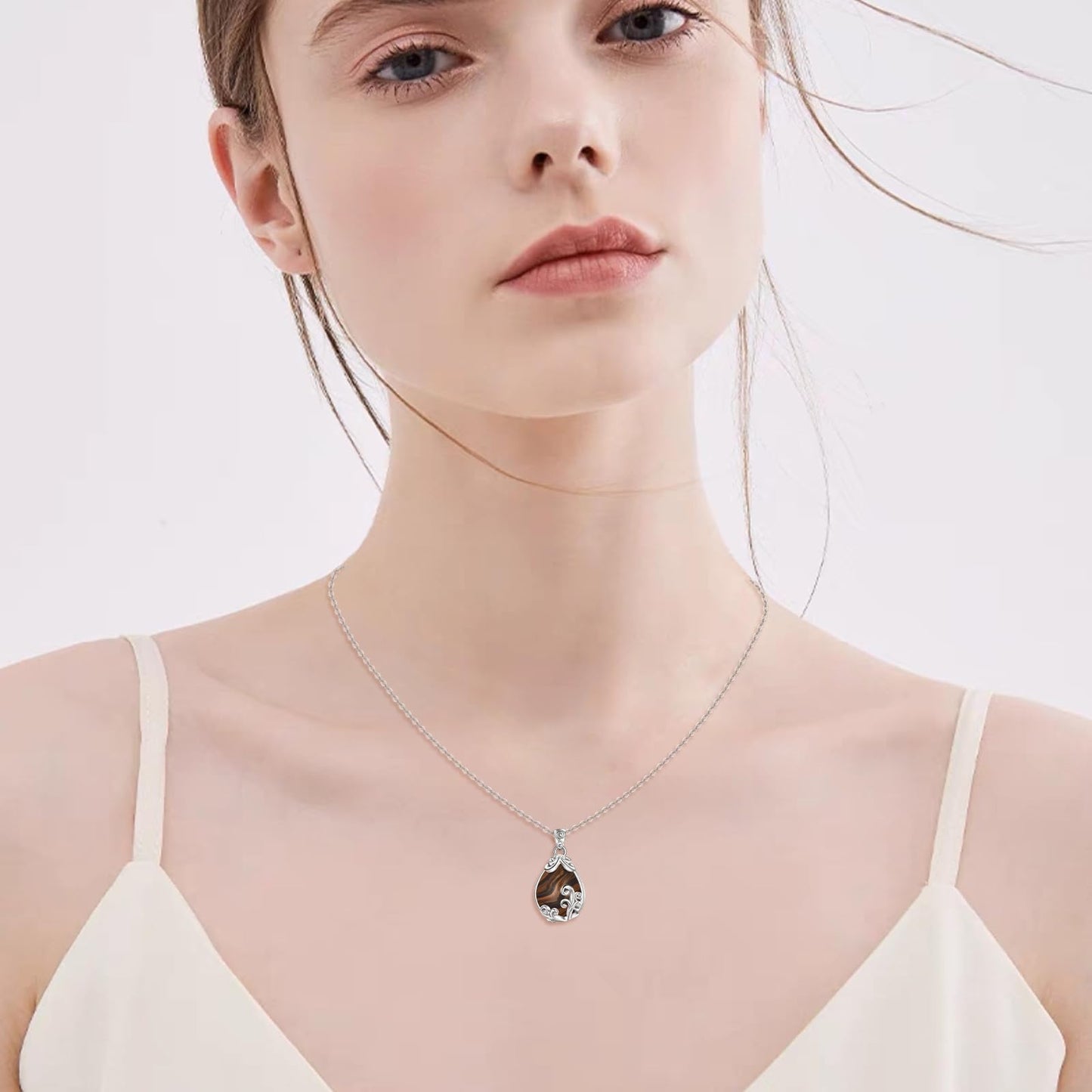 POPLYKE Sterling Silver Tiger Eye Filigree Teardrop Necklace Filigree Pendant Jewelry Gifts for Women