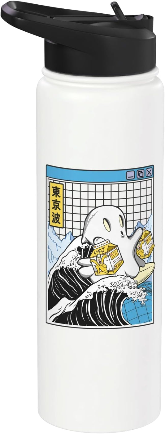 Surfing Ghost With Banana Milk Cartons Wave Kawaii Vaporwave Stainless Steel Insulated Water Bottle