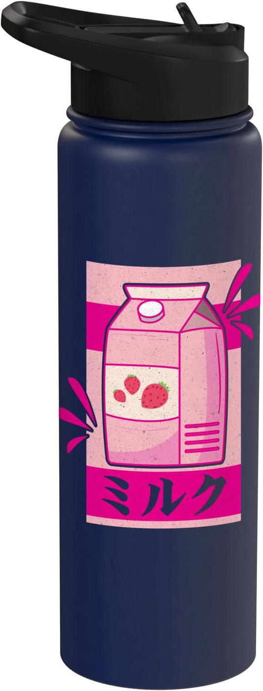 Kawaii Japanese Pink Retro 90s Strawberry Milk Carton Stainless Steel Insulated Water Bottle