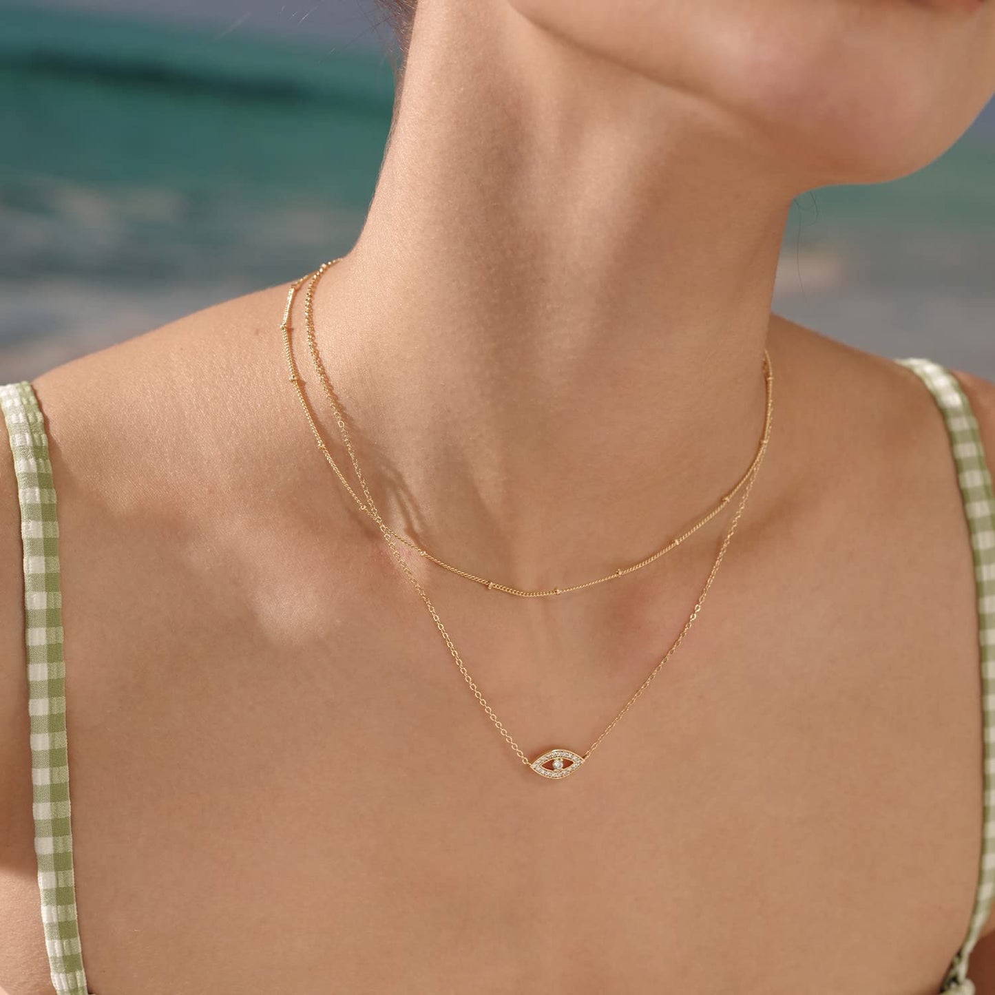 MEVECCO Gold Dainty Layered Evil Eye Necklace,18K Gold Plated Cute Delicate Tiny White Cubic Zirconia Solitire Bead Chain Necklace,Layer Minimalist Necklace for Women