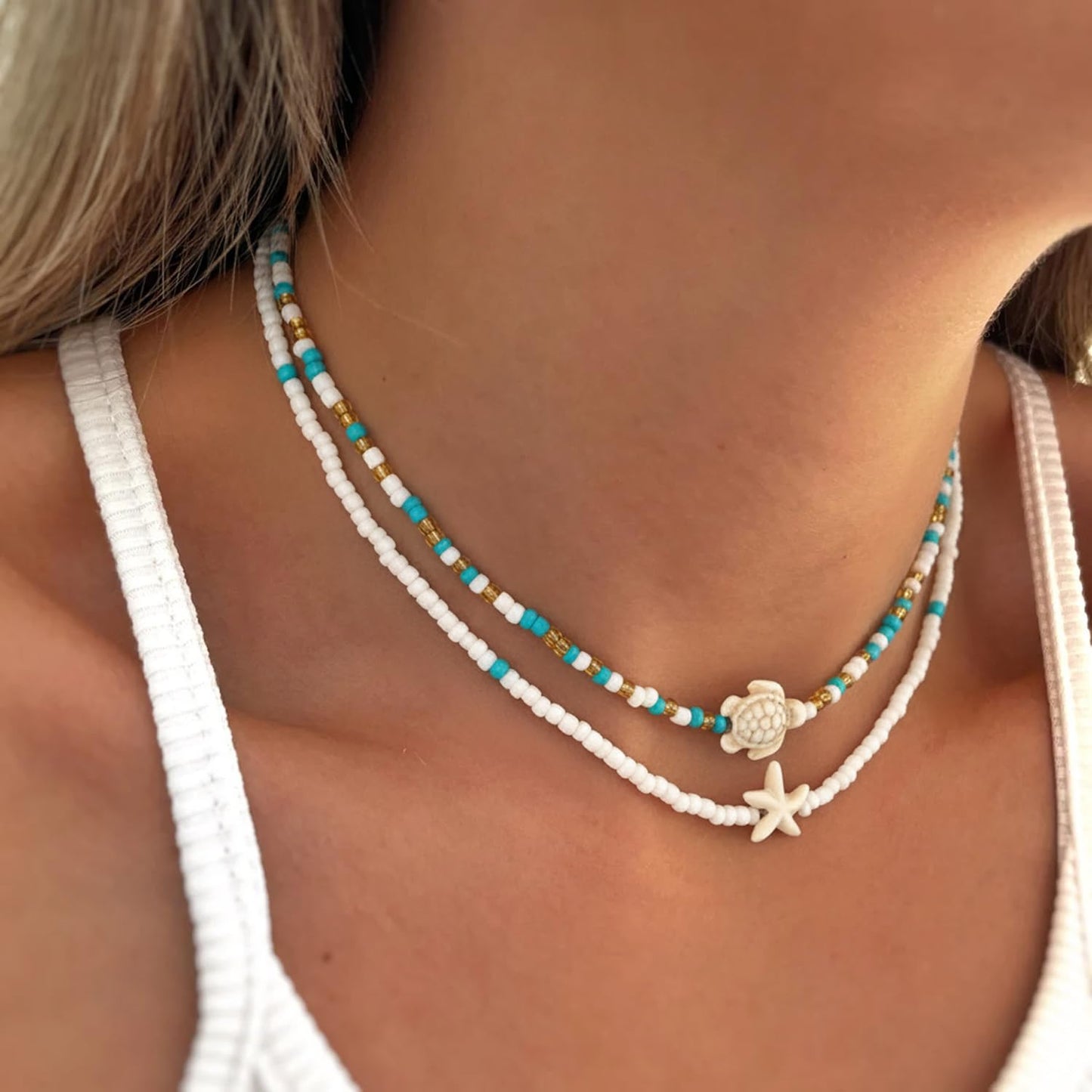 Lameybrt Cowrie Shell Surfer Necklaces, Hawaiian Beach Handmade Choker Set for Women, White Rice Bead with Black Accents, Bohemian Summer Seashell Choker 2 Piece Set, Perfect for Summer Beach Vacation, Birthday, Mother’s Day & Holiday Gifts (Shell 27)
