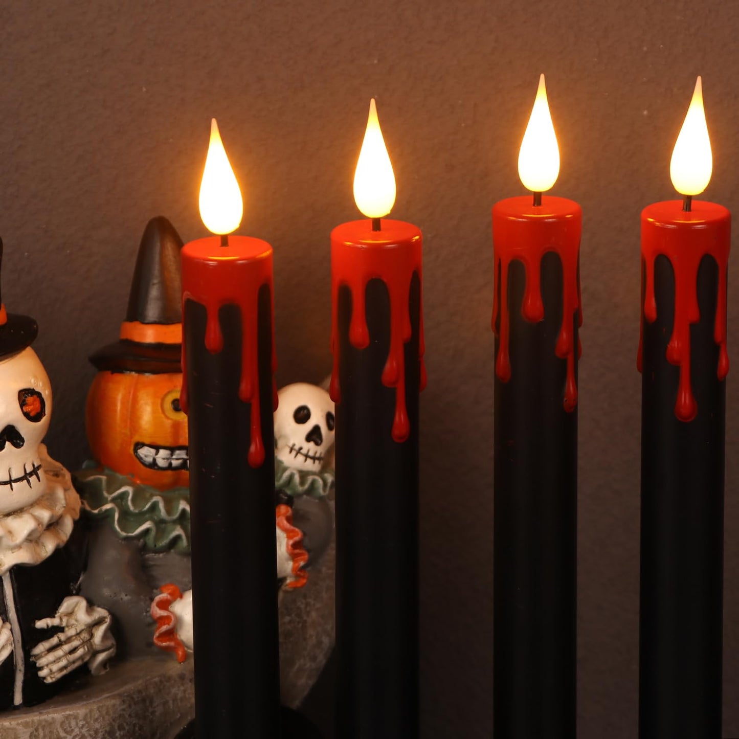 DRomance Black Flameless Taper Candles Flickering with Remote and Timer, Blood Dripping Wax Effect Battery Operated Yellow Light LED Taper Candles Dinner Halloween Spooky Decor(4 Pack, 0.78" x 8.9"")"