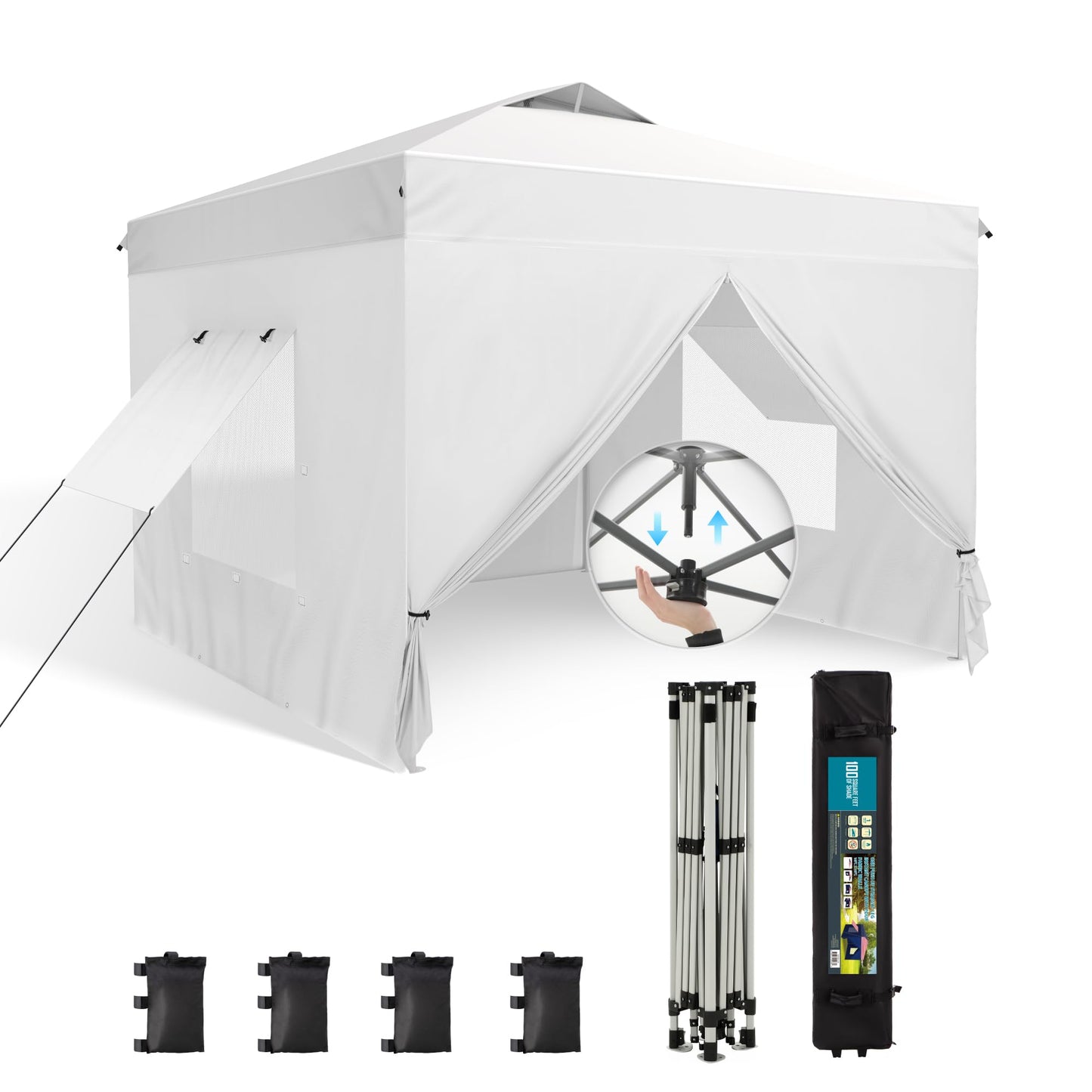 Sophia & William Canopy Tent Pop Up 10x10 ft One Person Push Set Up Canopies with 4 Sidewalls, Outdoor Shelter Heavy Duty Straight Legs with 4 Sandbags & 1 Roller Bag, 8 Stakes & 4 Guy Ropes, UPF50+