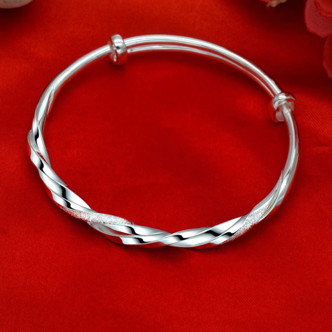 Sterling Silver Bangle Bracelets for Women,Fashion Jewelry Simple Adjustable 925 Silver Cuff Bangles for Women Mom Wife Valentine Mothers Day Gift