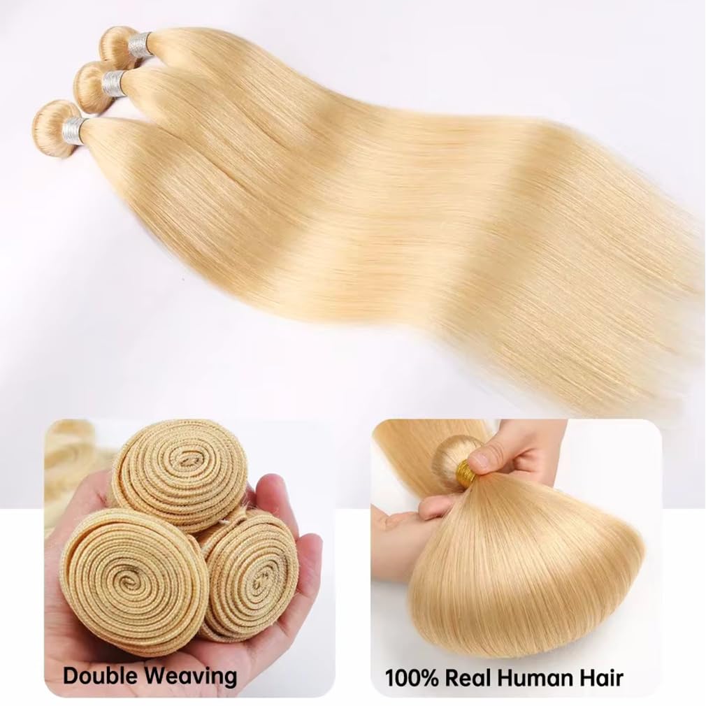 NJMNJM Straight Blonde 613 Human Hair Bundles, Straight Brazilian Virgin Human Hair Bundles, Blonde Single Bundle,#613 Color(18 inch)