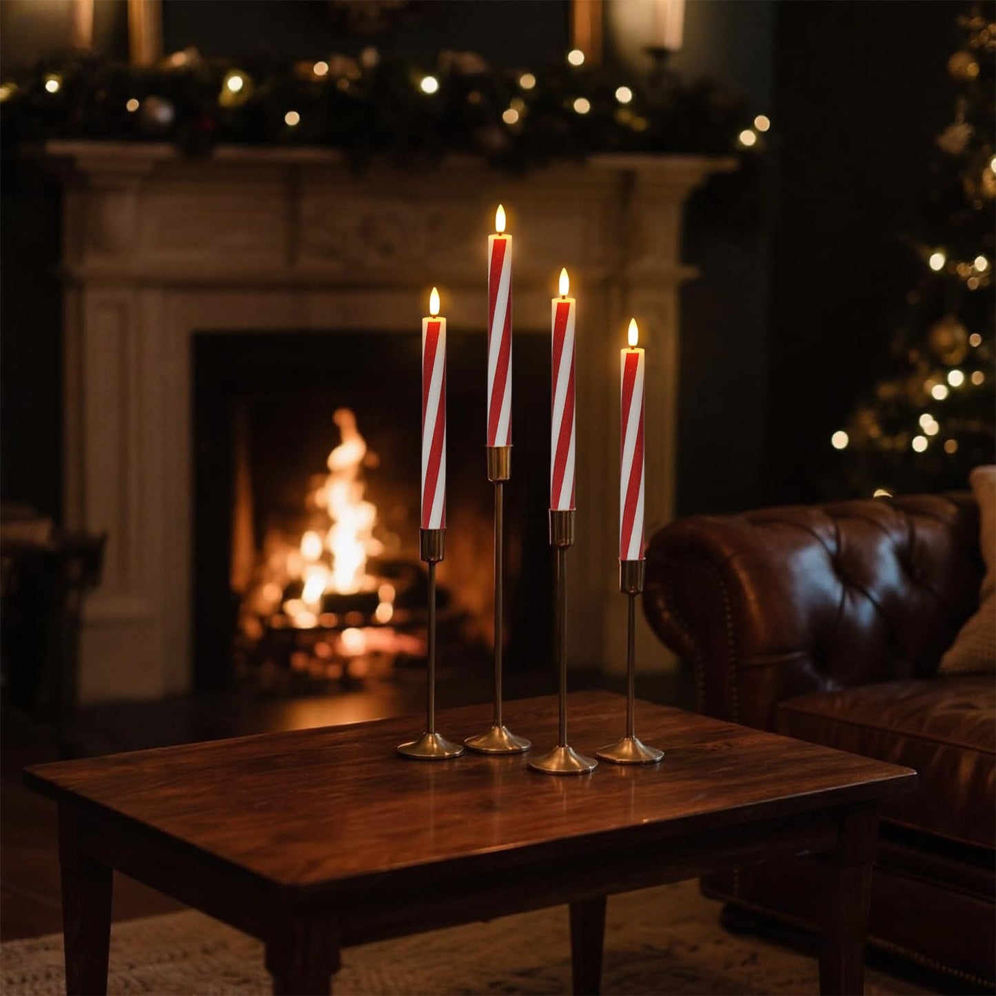 DRomance Christmas Flameless Taper Candles Flickering Battery Operated with Remote Timer, 2 Pack Real Wax 3D Wick LED Taper Candles Candy Cane Decals Holiday Indoor Dinner Decor(0.76" D x 9.65"" H)"