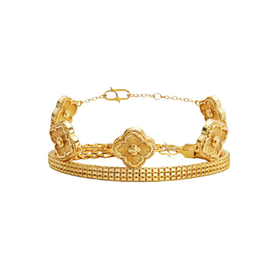 18K Gold Plated Clovers Bracelets Set for Women Dainty Gold Woven Watch Strap Bracelet 2Pcs Stackable Vintage Flora Bracelet Set Trendy Gifts for Women