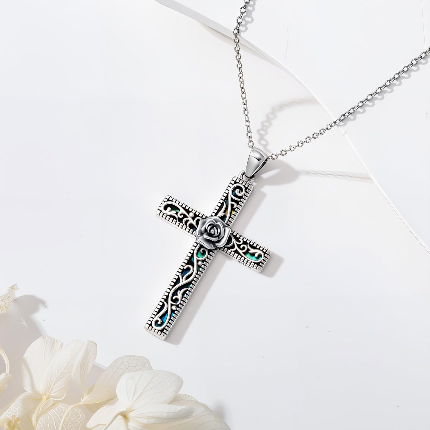 KoyeKei Rose Cross Necklace for Women 925 Sterling Silver Rose Flower Necklaces Pendant Filigree Christian Religious Faith Jewelry Mothers Day Graduation Gifts for Mom Wife Friend