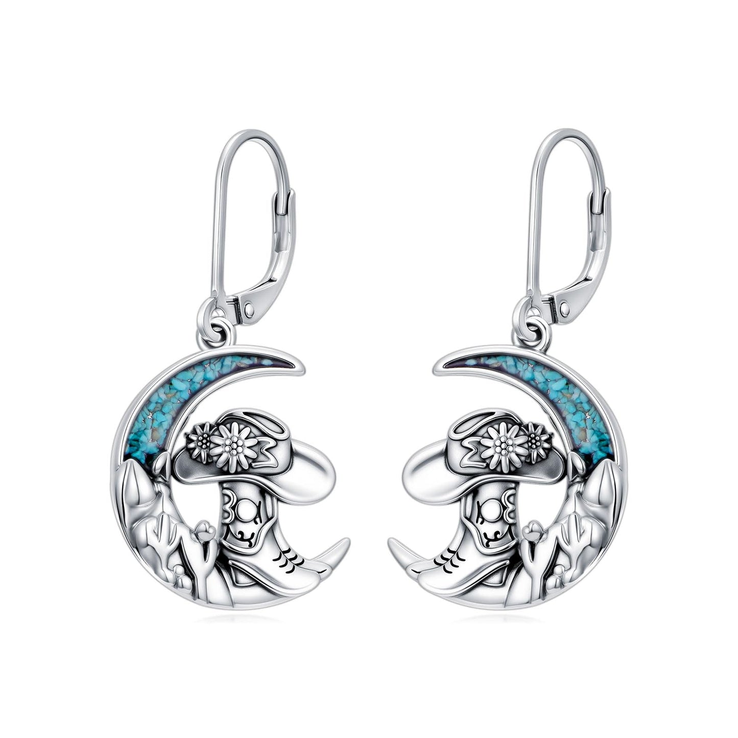 YYmqmq Western Cowboy Boot Earrings for Women 925 Sterling Silver Moon Dangle Leverback Earrings Turquoise Western Jewelry Gifts for Women Cowgirl Lovers