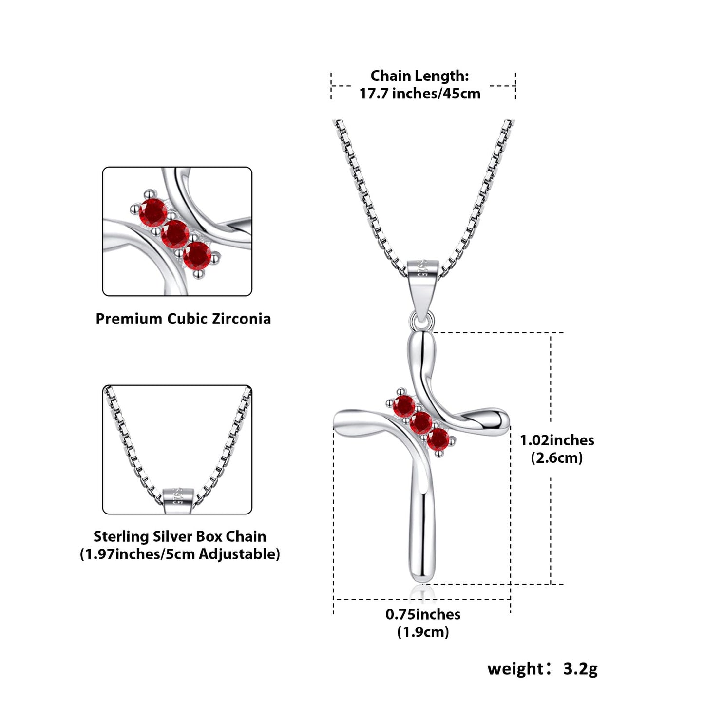 EVERU S925 Sterling Silver Cross Necklace for Women Birthstone Necklace with Cubic Zirconia 18K Gold Plated Cross Pendant Jewelry Ideal Gift Red Garnet January