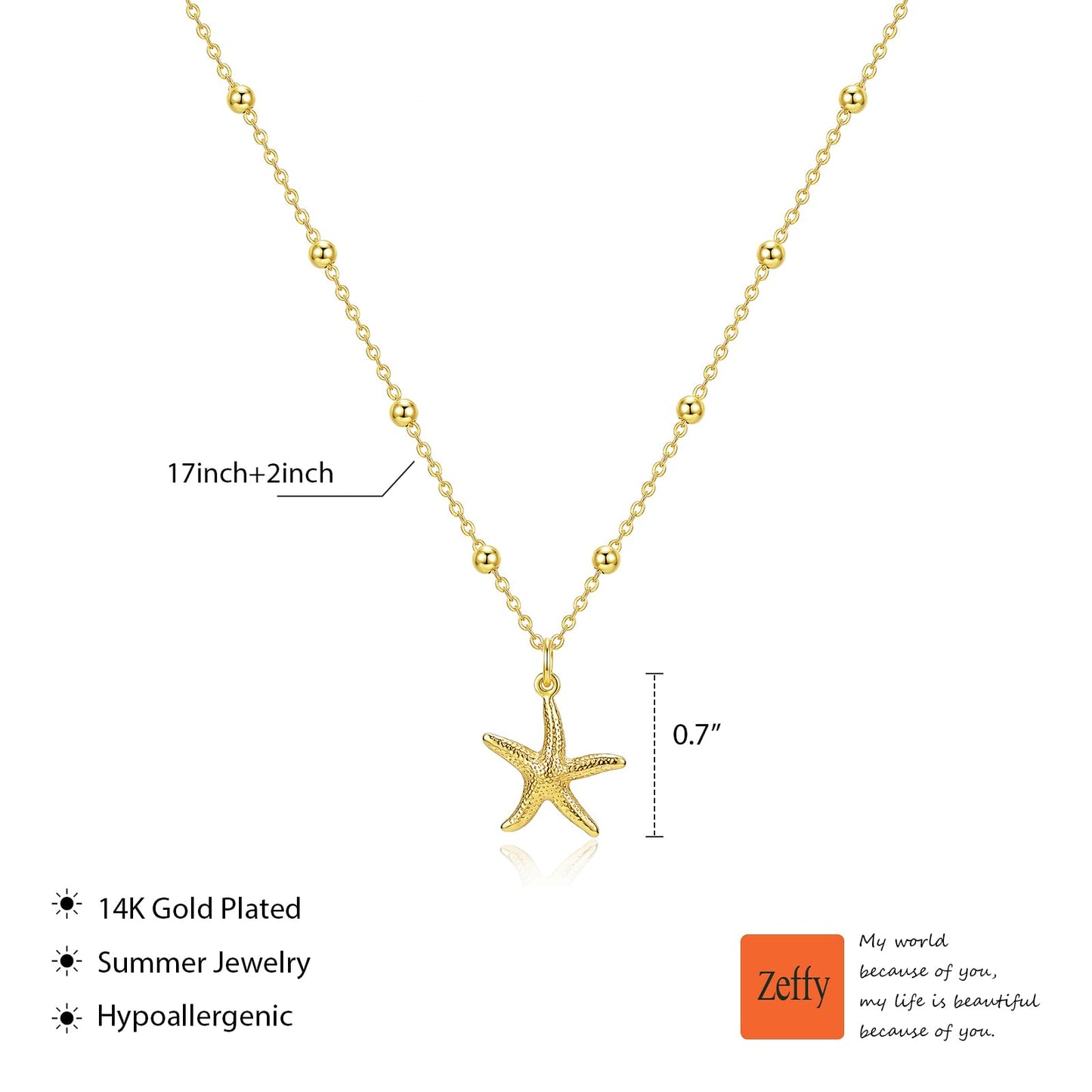 Zeffy Starfish Pendant Necklace for Women, 14K Gold Plated Beaded Chain Necklace, Ocean Beach Jewelry, Dainty Sea Star Charm Necklace for Women