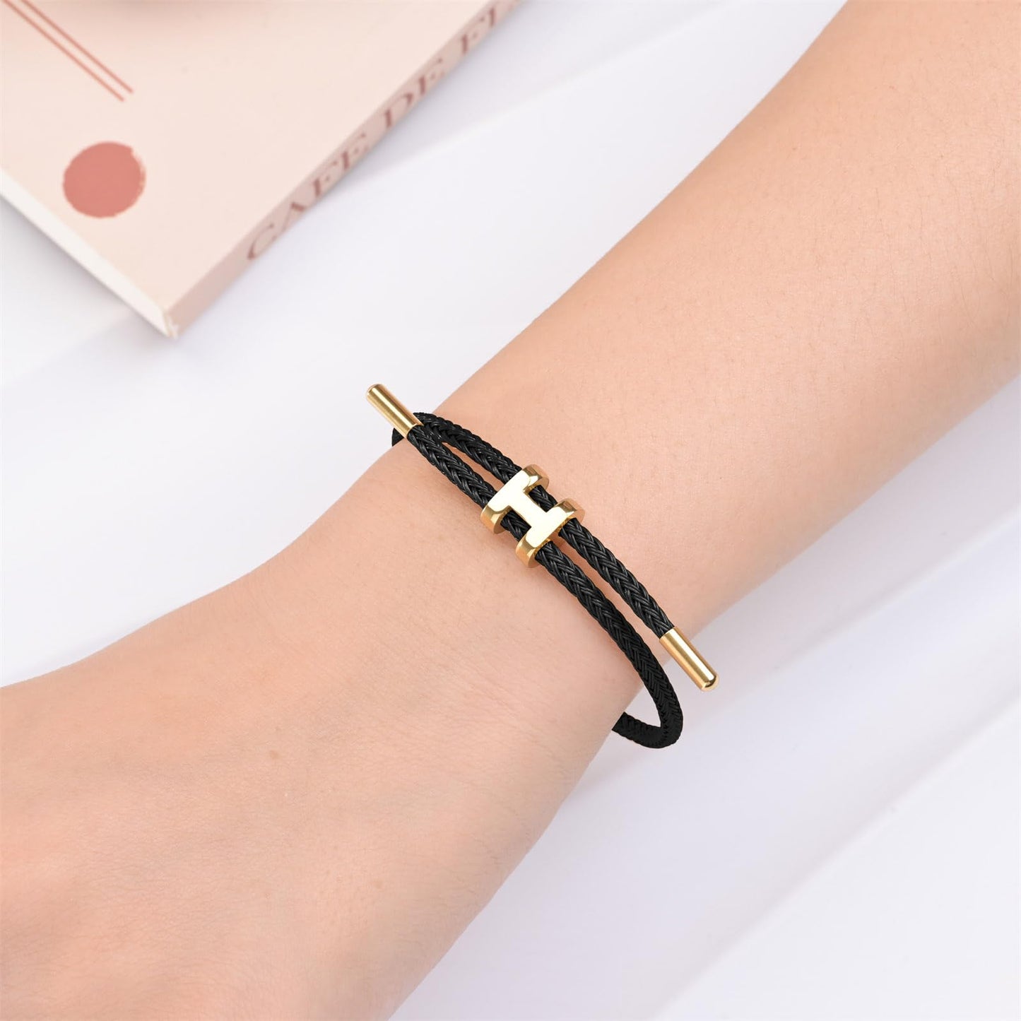 Hothink H Bracelets for Women,H Bangle and H Wire Rope Bracelet Set,Dainty 18K Gold Plated Bracelets Set for Christmas Mothers Day Gifts for Women (Gold-Black)