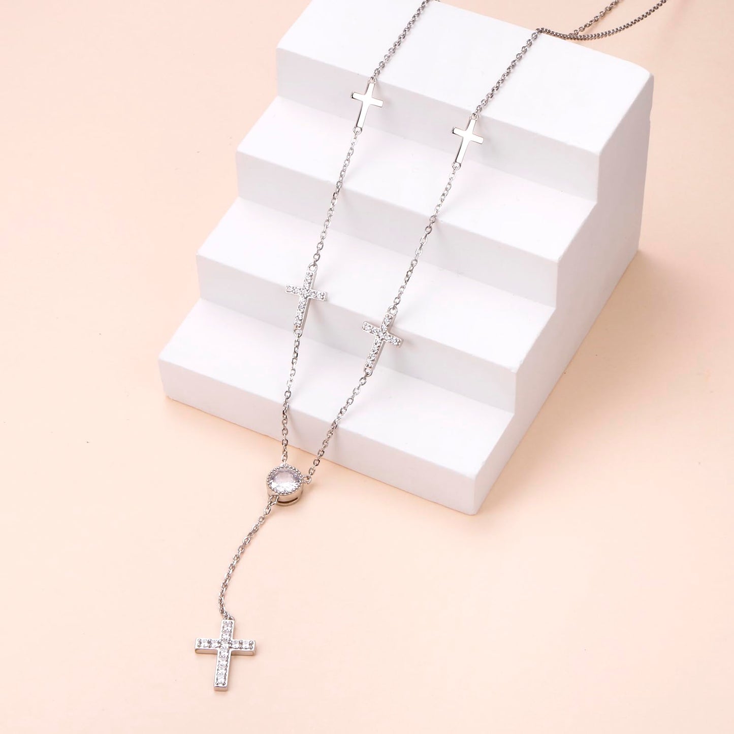DAOCHONG Cross Long Chain Sweater Necklace for Women S925 Sterling Silver Long Chain Sideways Cross Circle Cubic Zirconia Large Pendant Sweater Y-Necklace for Women 26 inches