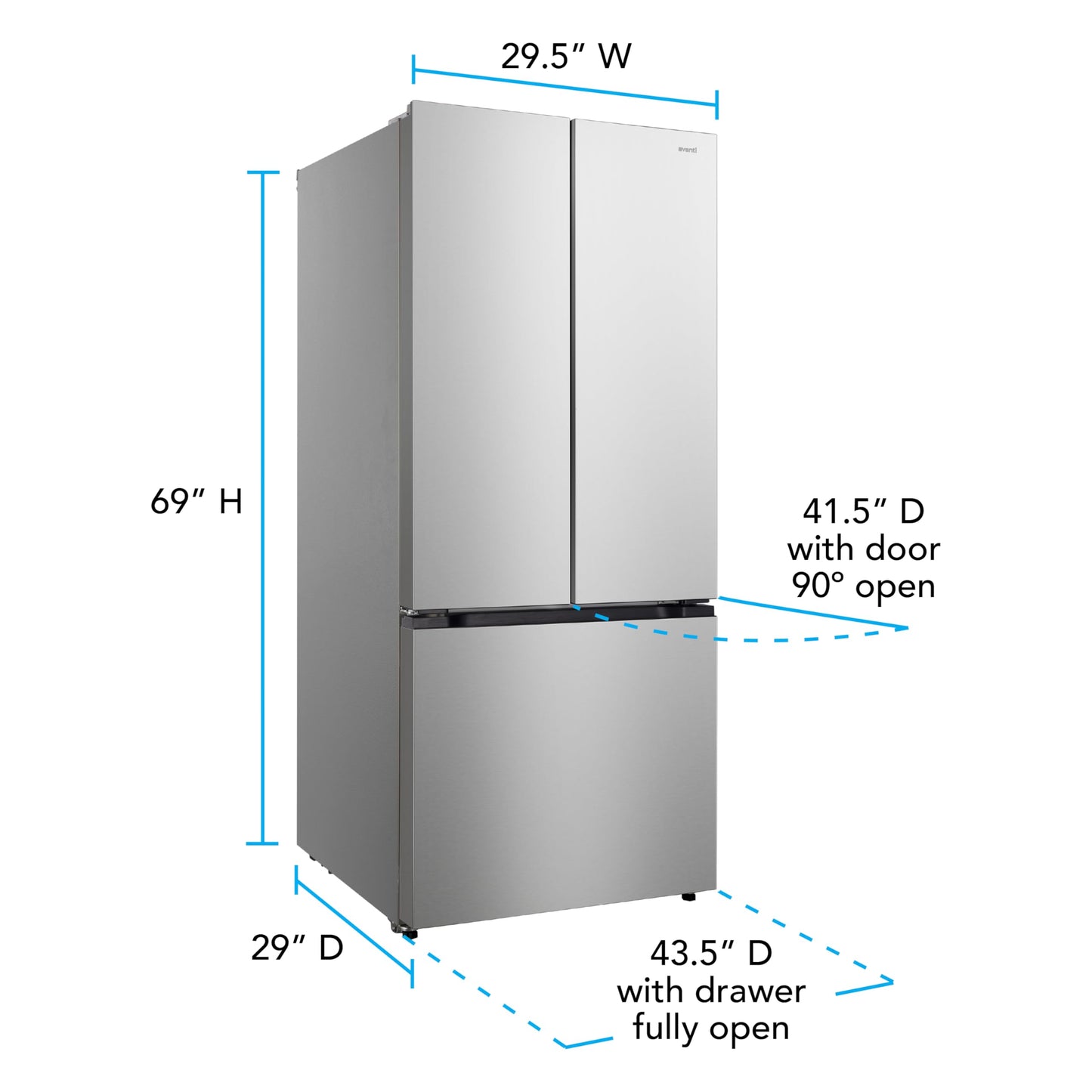 Avanti Refrigerator Freestanding French Door Design Fridge with 6.3 Cu.Ft. Freezer Capacity, Adjustable Electronic Control and Frost Free Defrost, 18.0 Cu.Ft., Stainless Steel