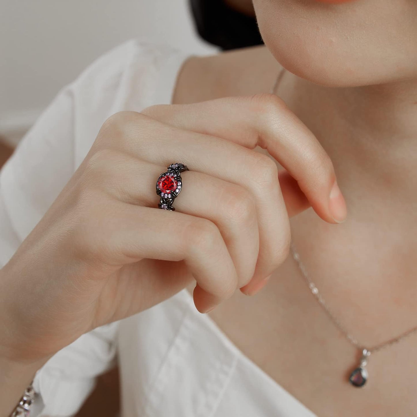 Vintage Black Gold Plated Ring with Created Garnet Gemstone, Purple CZ Accents, Wedding Engagement Band, Sizes 5-10 (8)