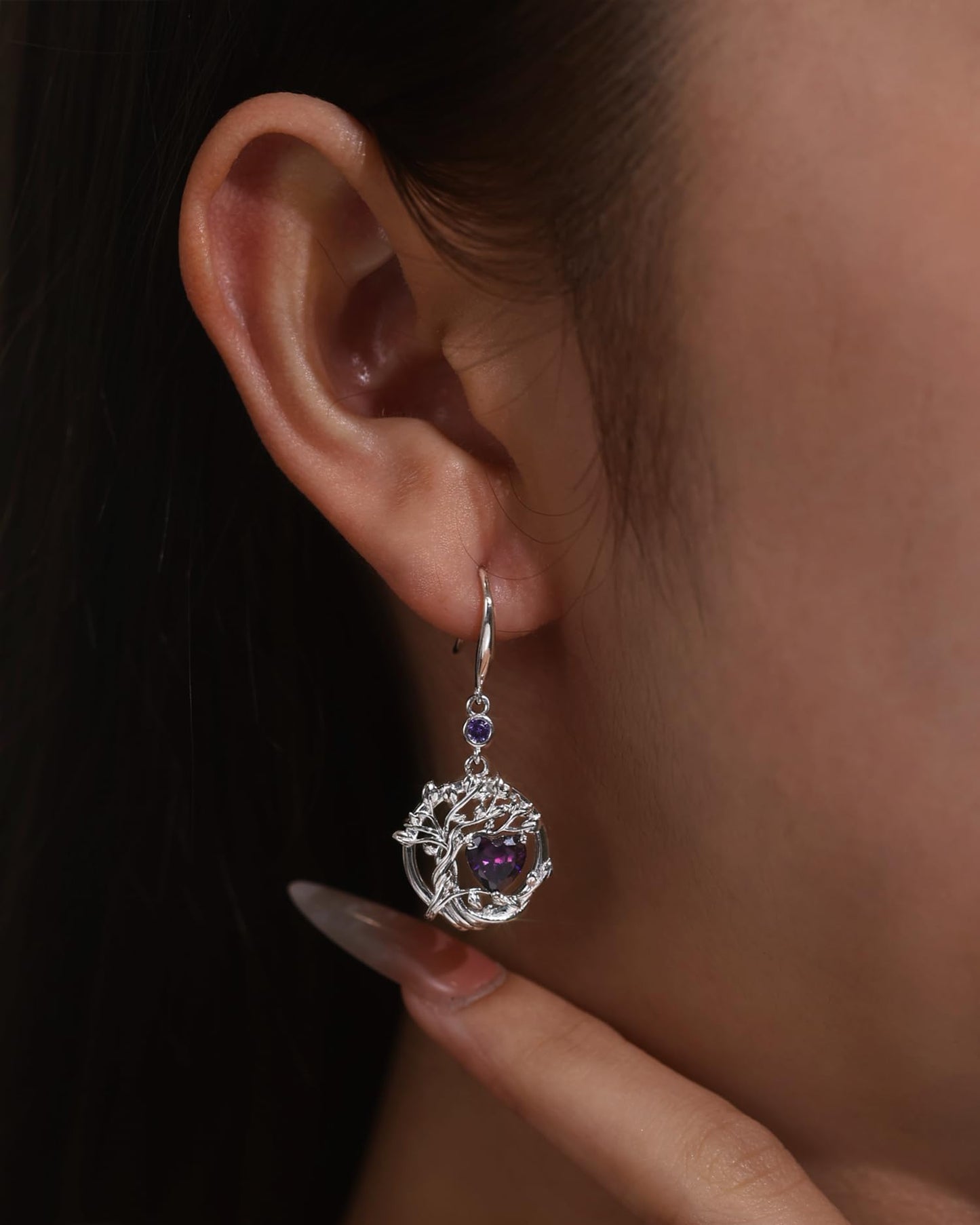 FANCIME Tree of Life Earrings 925 Sterling Silver Dainty Purple Amethyst Dangle Drop Gemstone Earring February Birthstone Fine Jewelry Birthday Mothers Day Gifts for Women Her