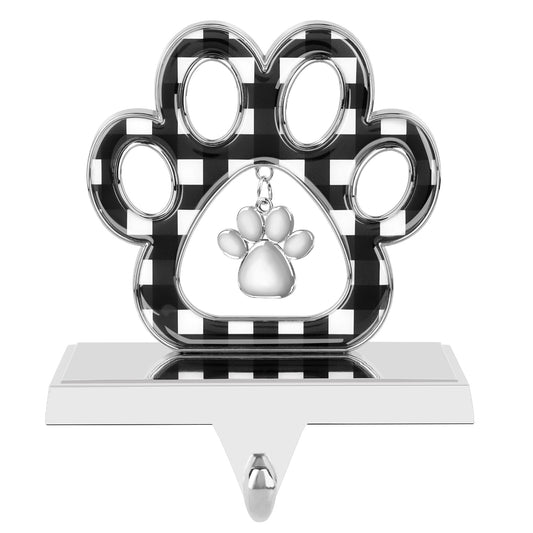 Abilat Dog Paw Christmas Stocking Holder, 3D Silver Metal Stocking Holder with Pendant Black Buffalo Plaid Pet Stocking Hangers for Mantle Fireplace Table Christmas Decoration (Black and White)