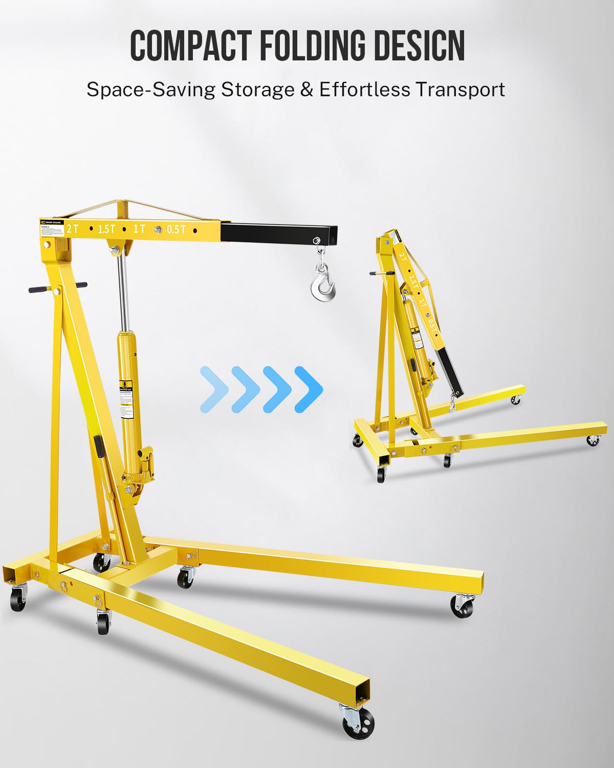 2-Ton Shop Crane, Hydraulic Folding Engine Hoist w/6 Steel Casters - Lift Car Transmissions, Boat Motors, Farm Equipment (Net Wt. 157 lbs)