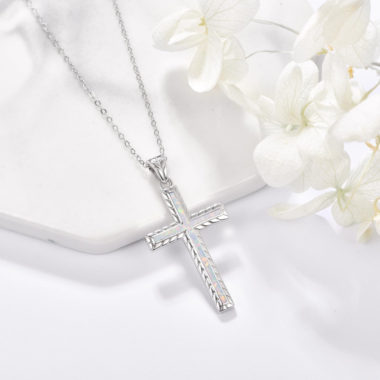 Dreamboat Sterling Silver Cross Necklace for Womens Cross Pendant Faith Christian Jewelry White Opal Necklace Confirmation Religious Gifts