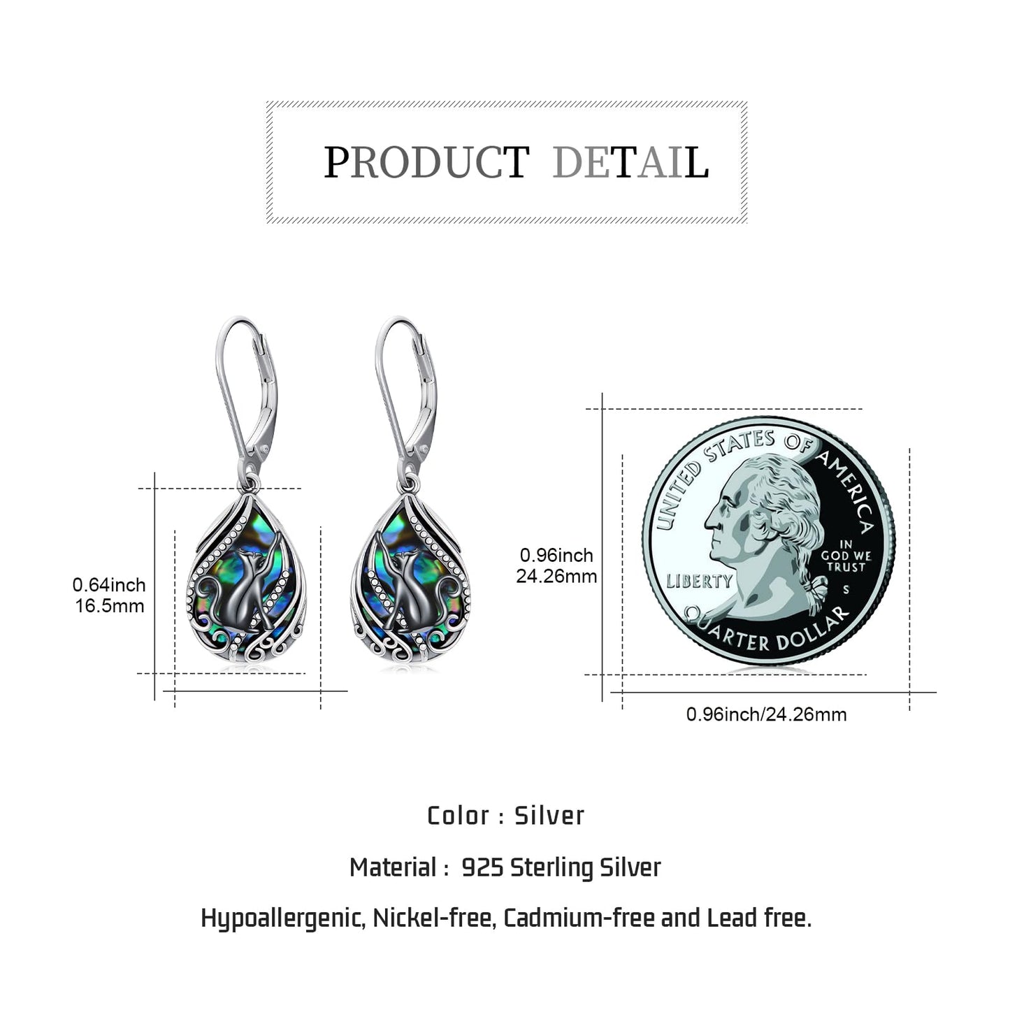 YYmqmq Black Cat Earrings for Women 925 Sterling Silver Abalone Filigree Dangle Drop Earrings Leverback Black Cat Jewelry Gifts for Women Girlfriend Mom
