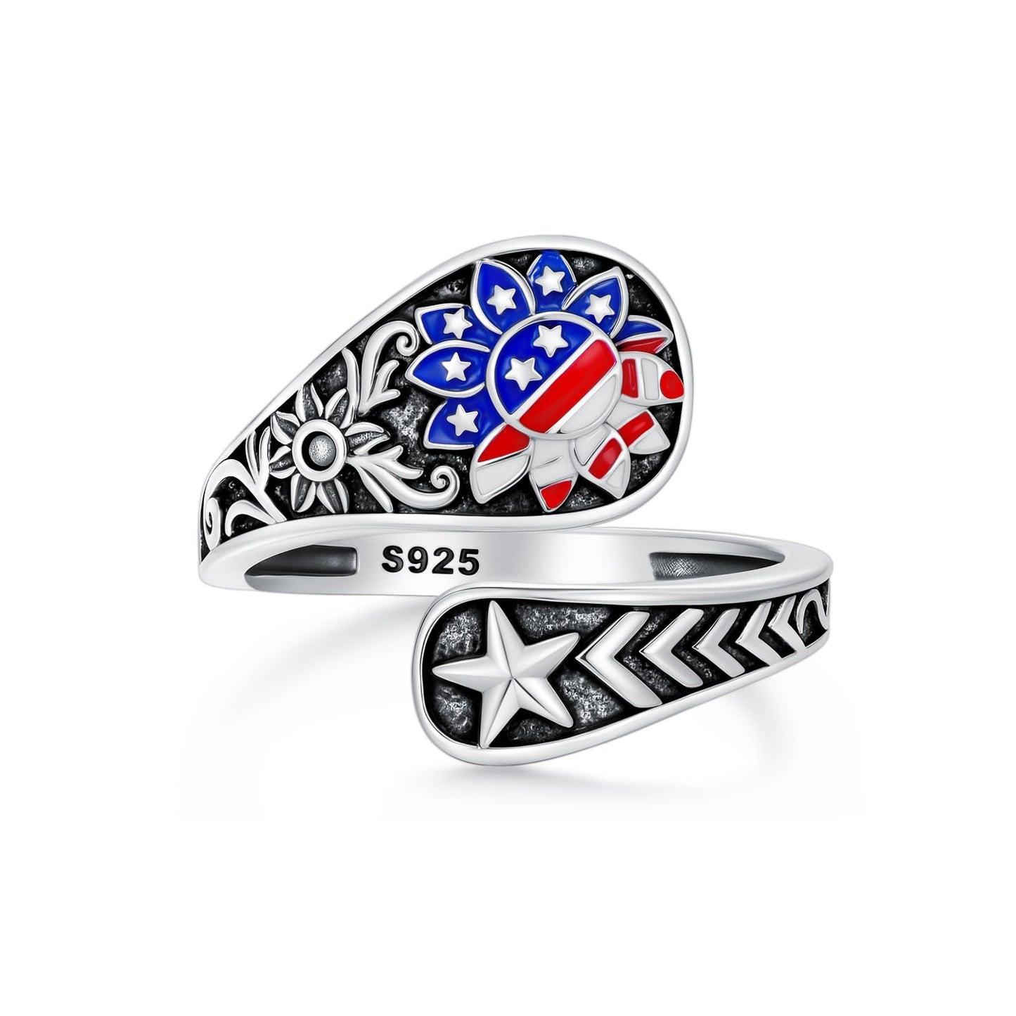 Midari American Flag Sunflower Spoon Rings for Women 925 Sterling Silver Adjustable Patriotic Rings Open Spoon Thumb Rings Red White and Blue Jewelry for Women Men Birthday Independence Day Gifts