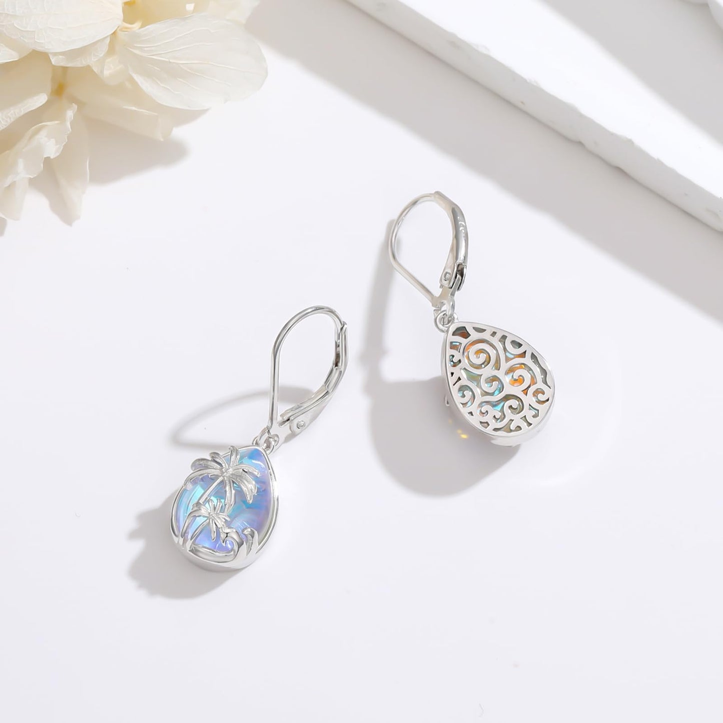 KoyeKei Palm Tree Earrings for Women 925 Sterling Silver Palm Tree Moonstone Dangle Drop Leverback Earrings Hawaiian Beach Jewelry Graduation Birthday Gifts for Lover Her Girlfriend