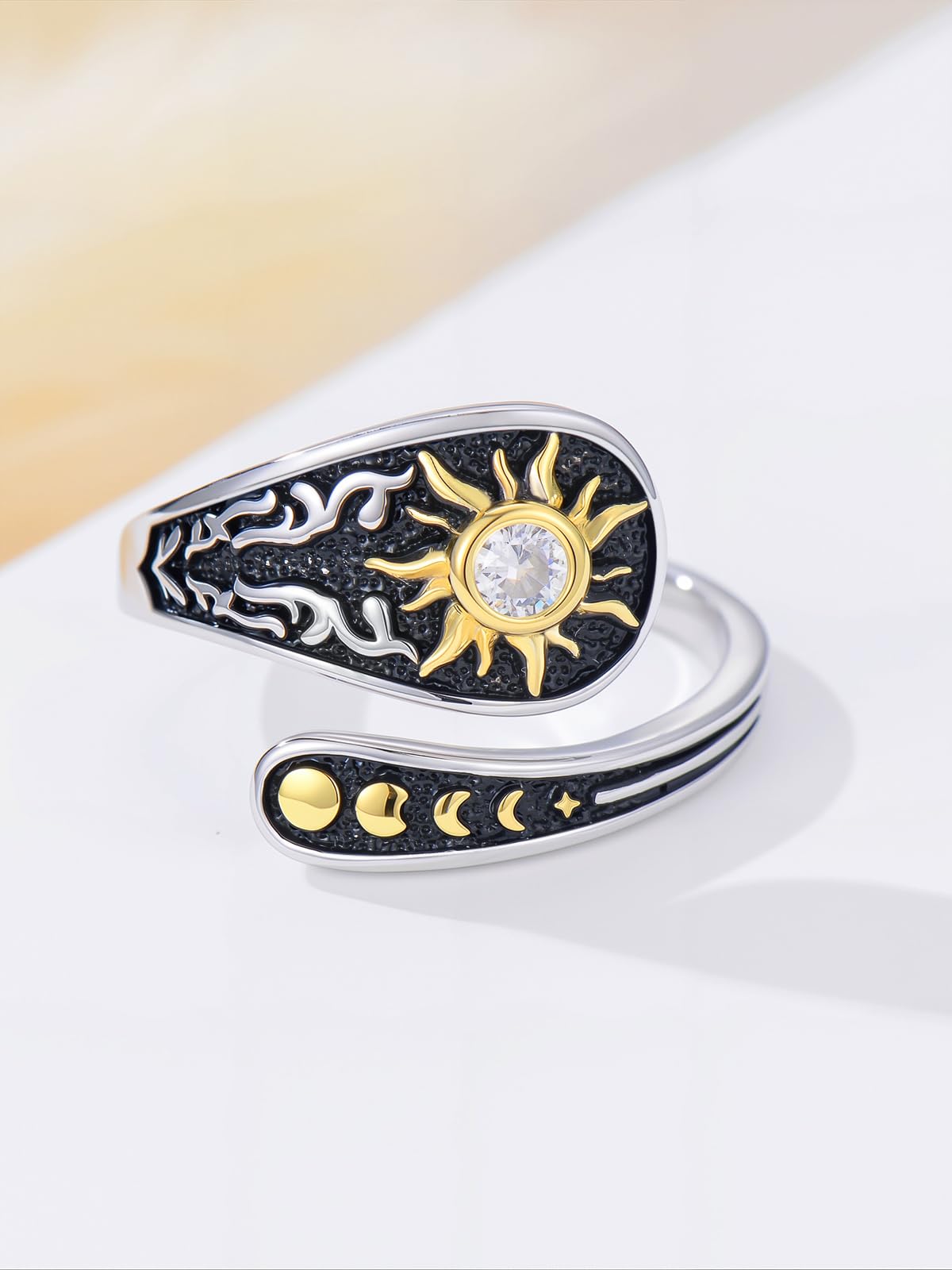 Midari Sun and Moon Star Spoon Rings Cubic Zirconia 925 Sterling Silver Adjustable Sun and Moon Thumb Vintage Finger Open Spoon Ring Moon Phase Jewelry Halloween Christmas Birthday for Women Daughters Friends