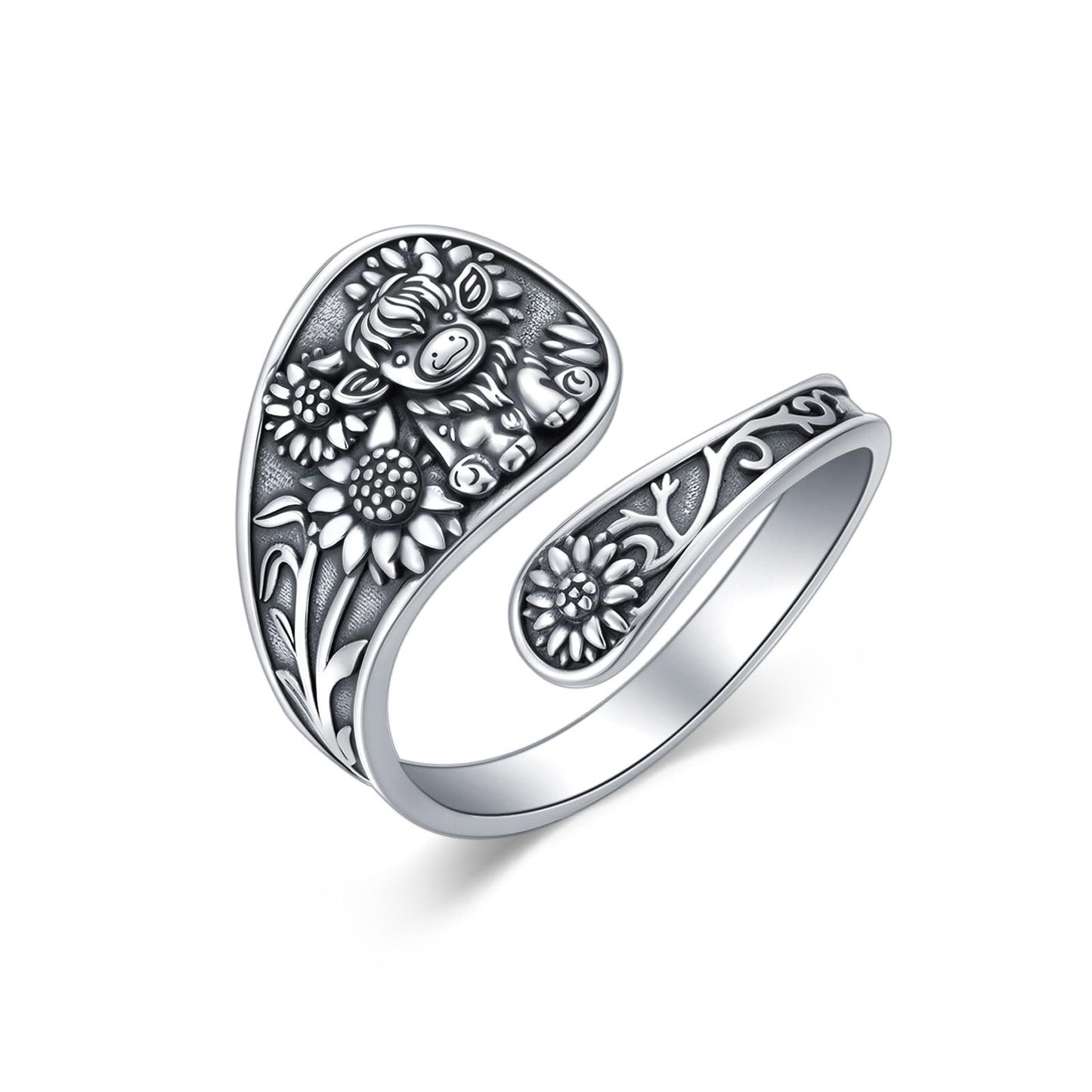 Midari Spoon Rings for Women 925 Sterling Silver Sunflower Highland Cow Rings Adjustable Vintage Finger Thumb Rings Highland Cow Jewelry for Women Daughter Birthday Christmas Gifts