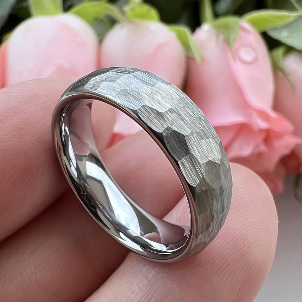 TUTISS 6mm Hammered Tungsten Carbide Rings for Men Women Engagement Wedding Bands Domed I Love You Engraved Comfort Fit Size 8