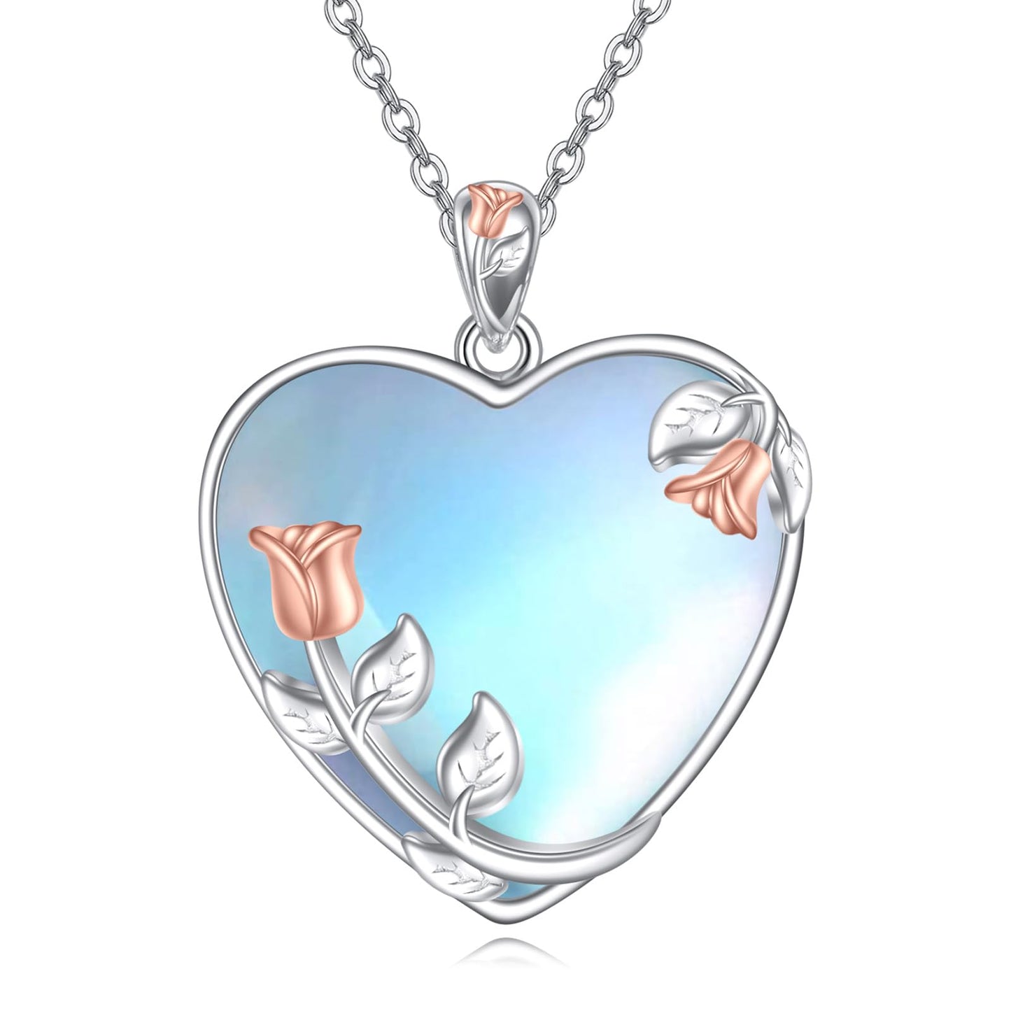 YAFEINI 925 Sterling Silver Heart Moonstone Necklace Rose Flower Filigree Pendant Necklace Jewelry Gift for Women (UU-Rose Flower Moonstone)