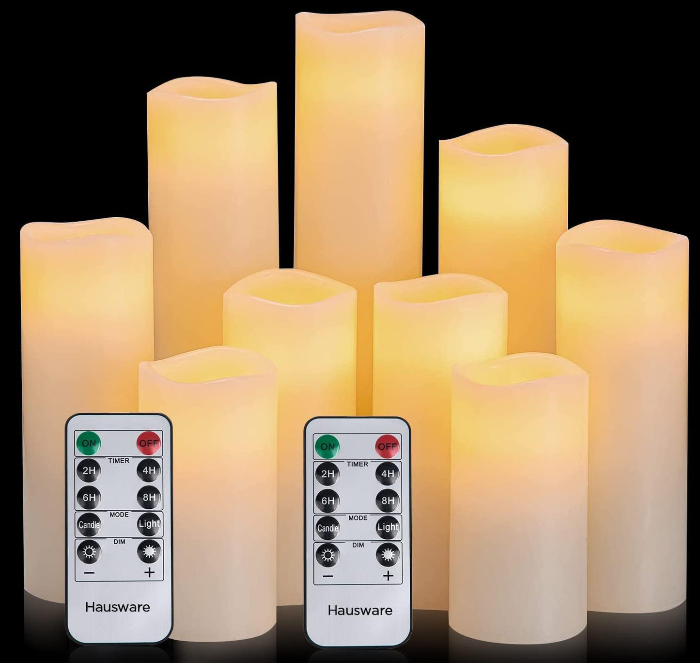 Hausware Flameless Candles Battery Operated Candles H 4" 5"" 6"" 7"" 8"" 9"" Real Wax Pillar Flickering Candles LED Flameless Candles with Remote and Timer Control Set of 9 (Ivory Color)"