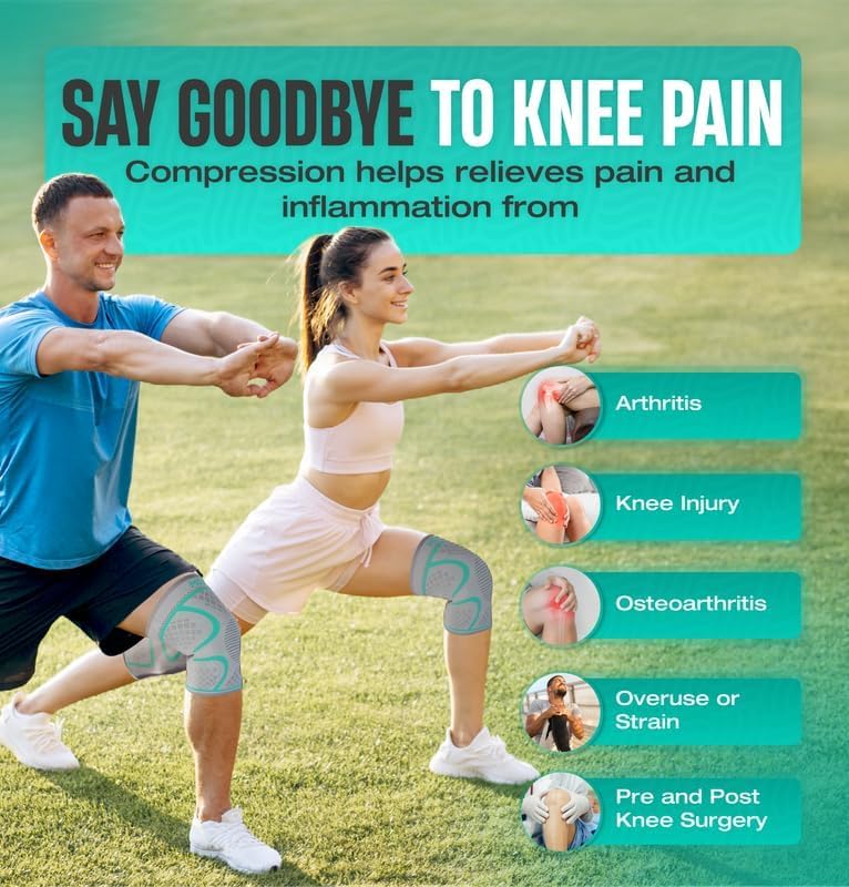 Modvel Compression Knee Brace for Women & Men - 2 Pack Knee Brace for Women Running Knee Pain, Knee Support Sleeve, Workout Sports Braces for Meniscus Tear ACL & Arthritis Pain Relief Grey/Turquoise Small