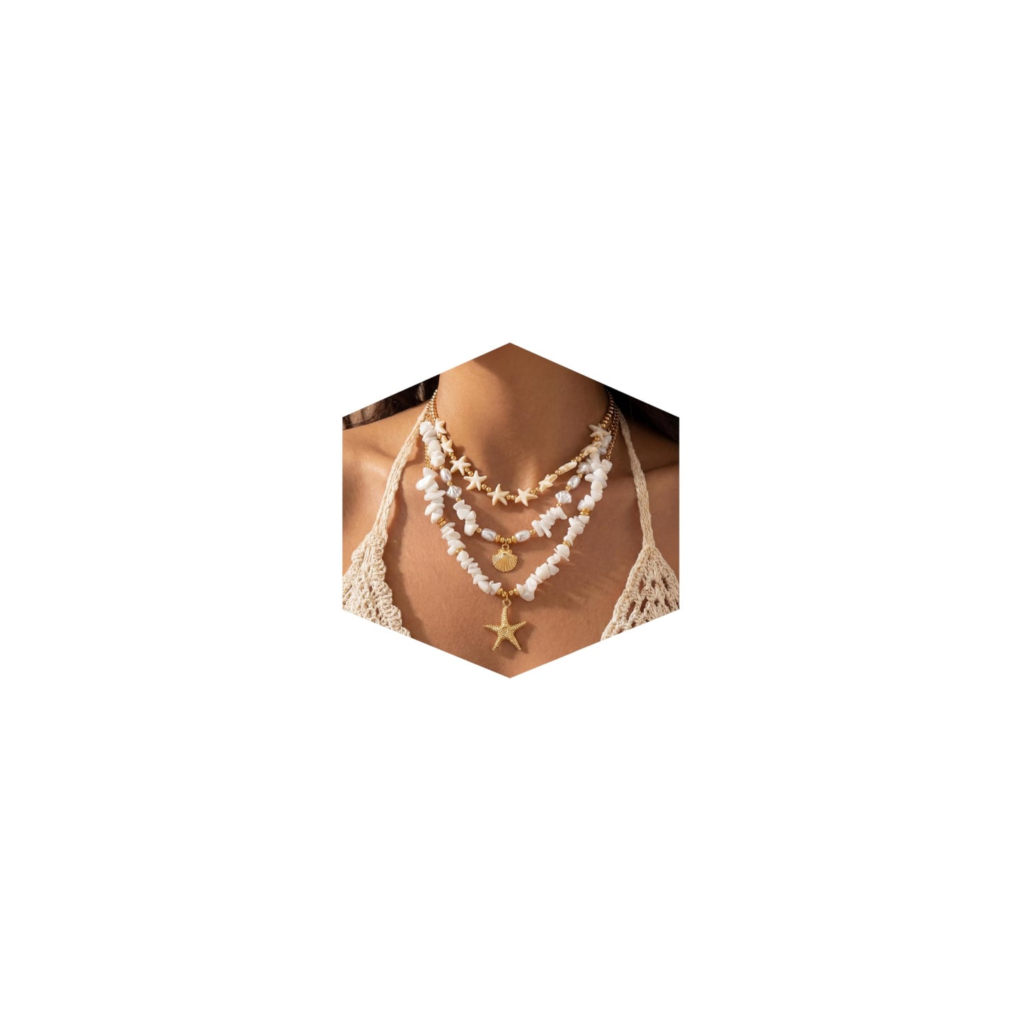 Shell Starfish Necklace for Women, Gold Plated Boho Layered Pendant Necklace with Pearl Conch Charm, Dainty Coastal Summer Beach Vacation Jewelry Gifts(Crush 3Pcs)
