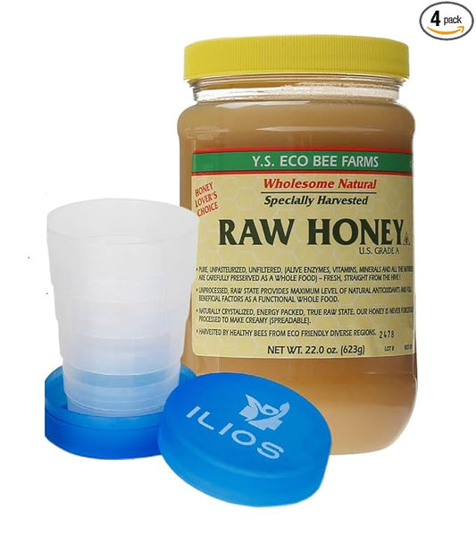 Y.S. Eco Bee Farms Raw Honey Organic Unfiltered, 22 oz Pure Honey Pack pack of 4 in Jar, Natural Unprocessed Sweetener, U.S. Grade A â ILIOS Packaging