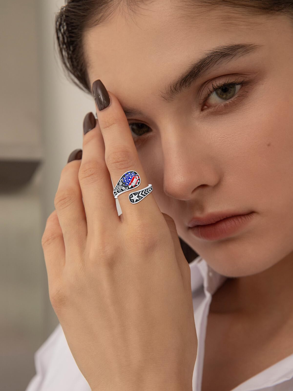 Midari American Flag Sunflower Spoon Rings for Women 925 Sterling Silver Adjustable Patriotic Rings Open Spoon Thumb Rings Red White and Blue Jewelry for Women Men Birthday Independence Day Gifts