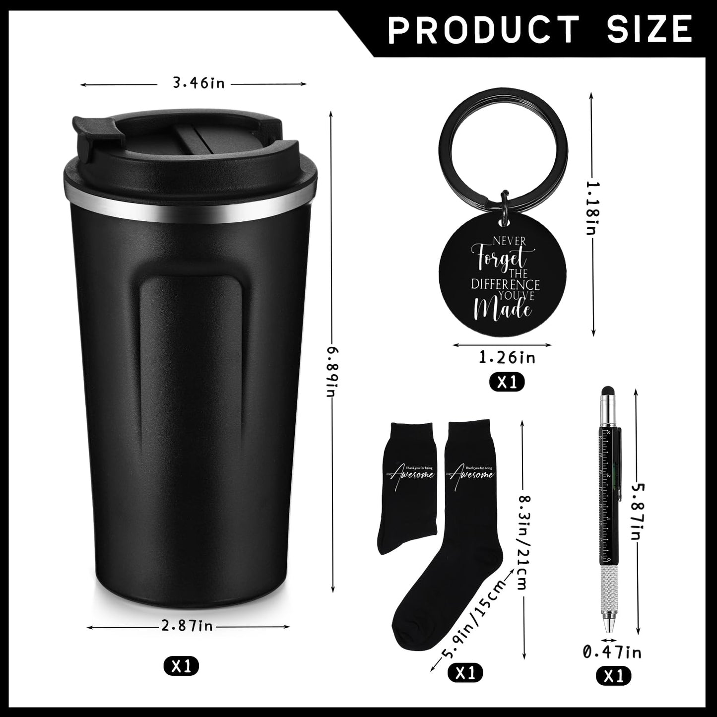 Gerrii Set of 4 Appreciation Gifts for Men Thank You Gifts for Male Coworker Employee Teacher Administrator 17 oz Stainless Steel Tumbler Inspirational Keychain Metal Pen Socks for Men(Classic, Black)